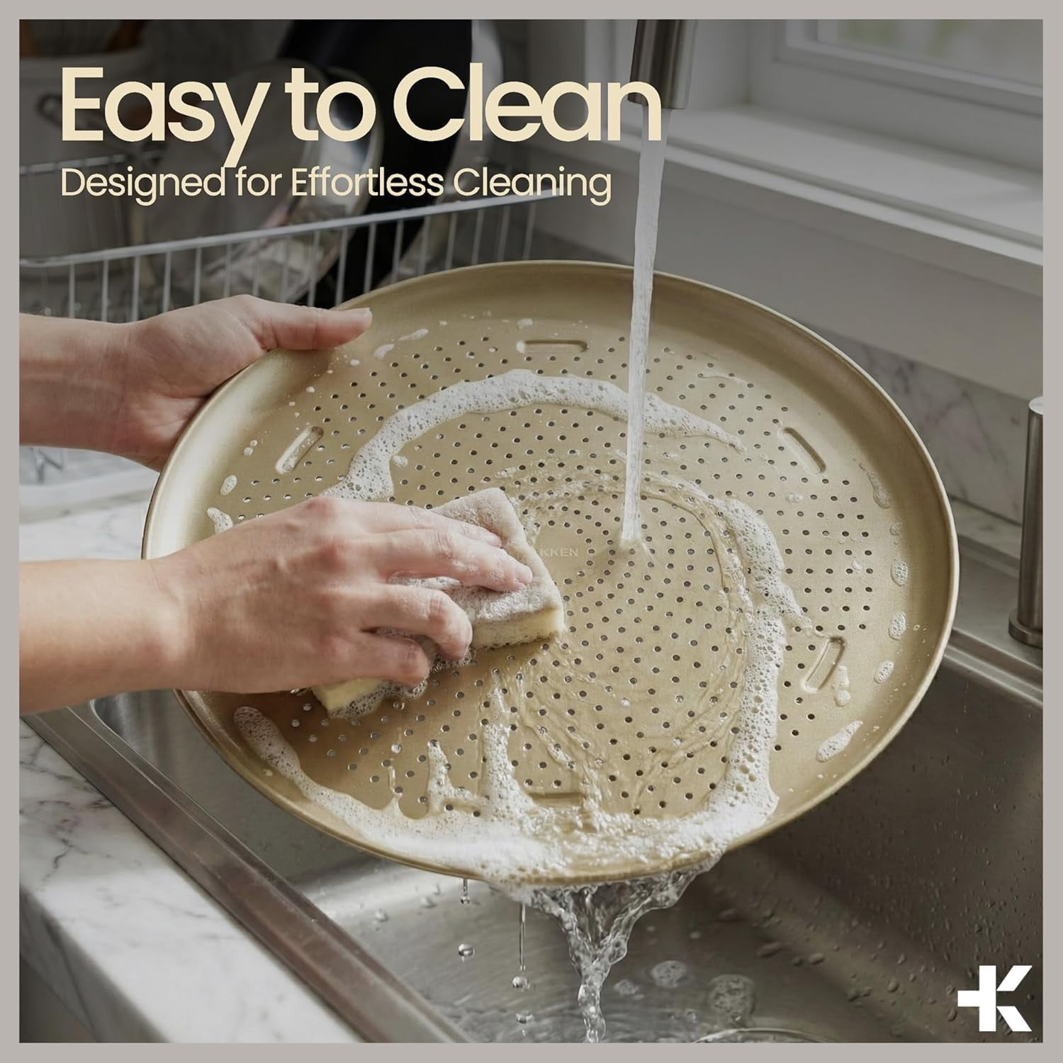 Bakken 16" Non-Stick Perforated Pizza Pan 1 Pack, Round Carbon Steel Tray, Oven & Dishwasher Safe, Durable Nonstick, Gold