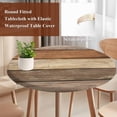 thumbnail image 4 of Farmhouse Beige Brown Round Tablecloth, Fitted Table Cover with Elastic for 45"-54" Round Tables, Vintage Wooden Striped Table Cloth Outdoor Indoor Dinning Party Waterproof Tablecloths, 4 of 7