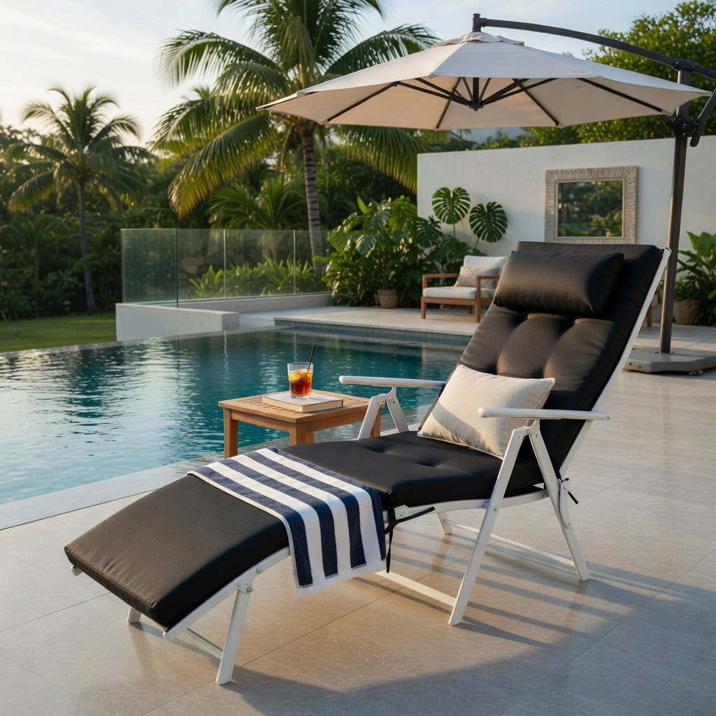 Hommoo Adjustable Folding Chaise Lounge Chair for Outdoor Use, Lightweight Steel Frame, Removable Pillow & Cushion, 7-Position Ergonomic Backrest, Black