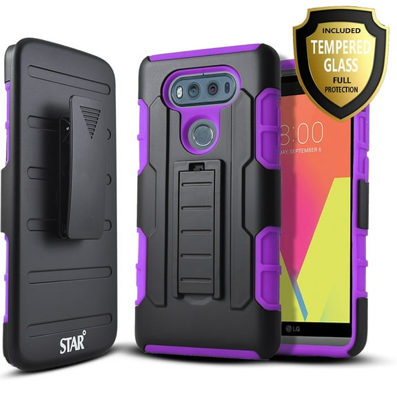 LG V20 Case, With [Tempered Glass Screen Protector Included], Heavy Duty [Dual Layers] Full Coverage Dual Layer Phone Cover with Build in Kickstand and Locking Belt Clip-Purple