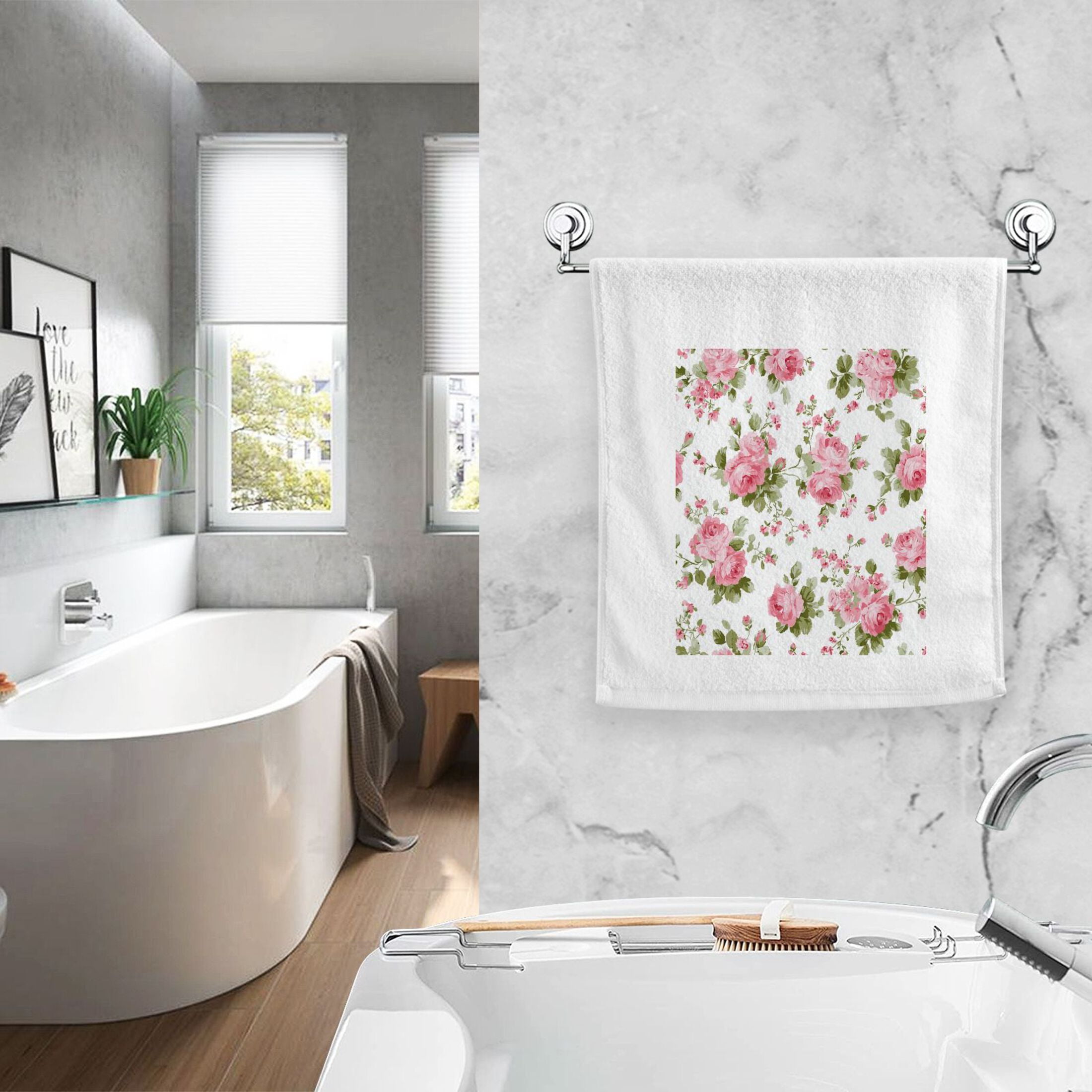 Chic Pink Roses Pure Cotton Towels Bath Towel Quick Drying for Bathroom Beach Sports 16" x 30" Set of 2