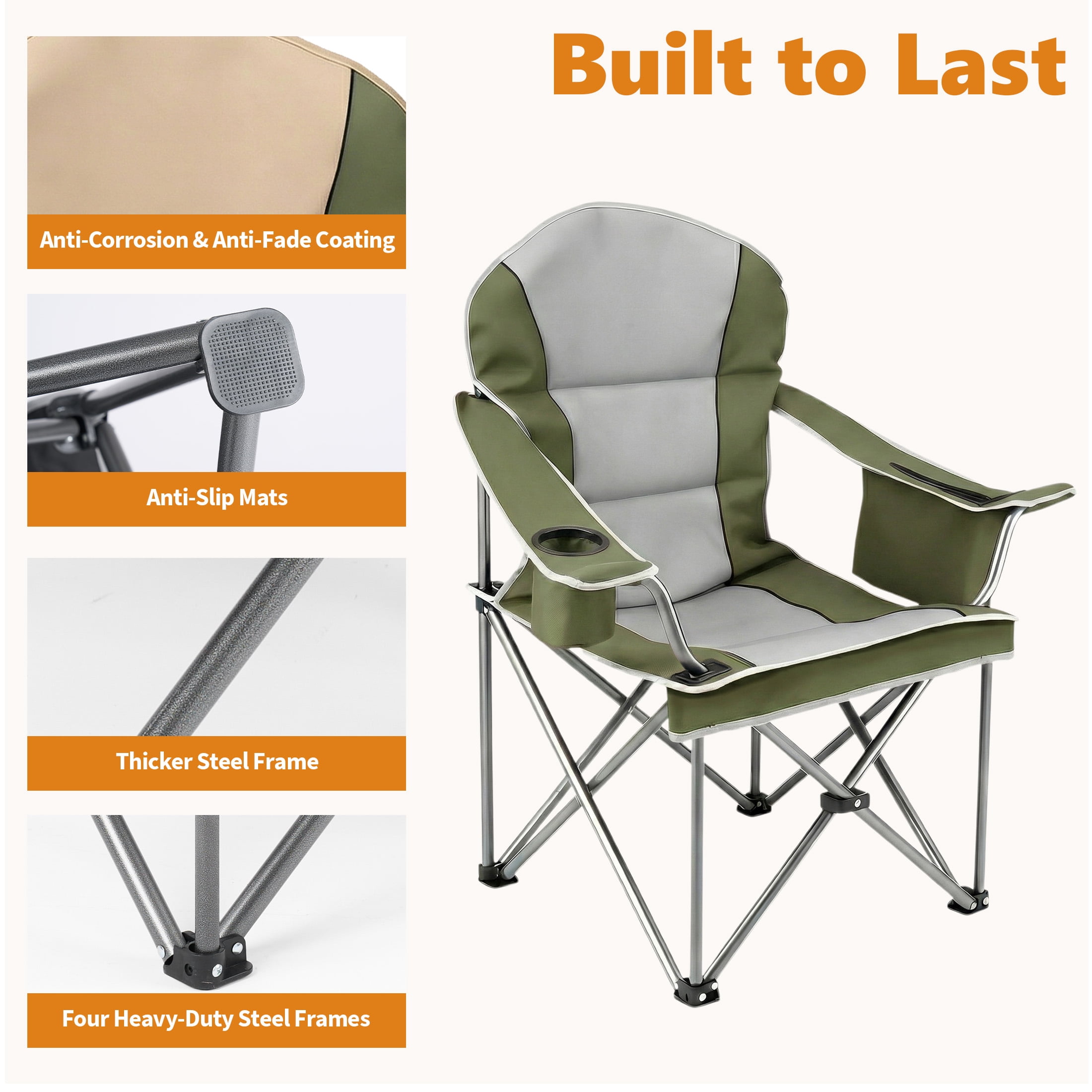 EDX Heavy Duty Camping Chair 500 lb Capacity, Oversized Extra Wide for Adults, Padded High Back Folding Lawn Chair, 500 lbs Steel Frame, Portable Outdoor Camping Chair with Cup Holder, Green
