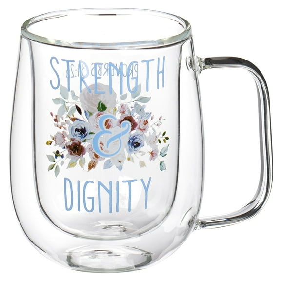 Christian Art Gifts Double Wall Insulated Clear Glass Coffee and Tea Mug for Women: Strength and Dignity - Proverbs 31:25 Inspirational Bible Verse, Hot and Cold Beverage with Handle, Pink, 10 oz.
