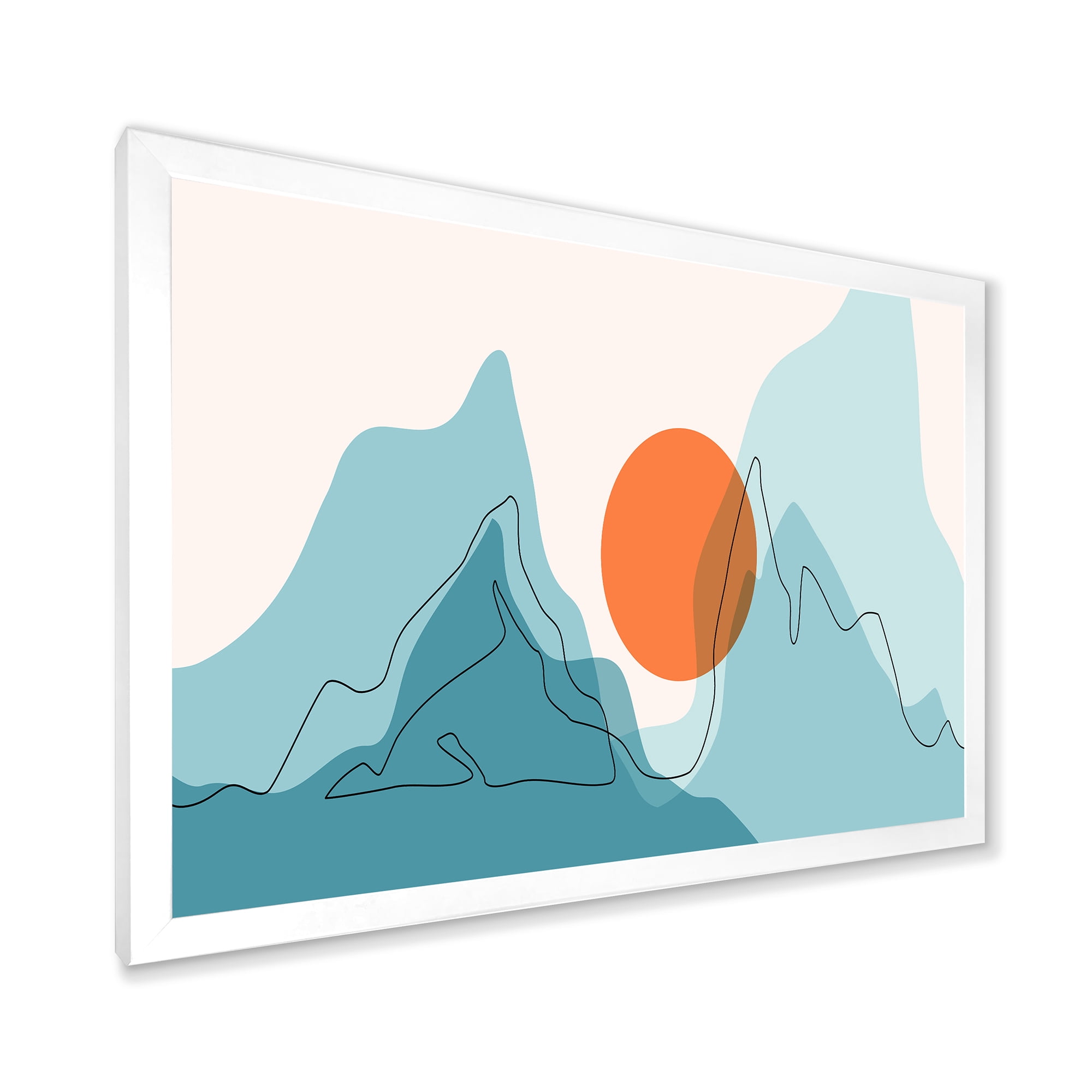 Designart 'Abstract Blue Mountains With Red Moon I' Modern Framed Art Print