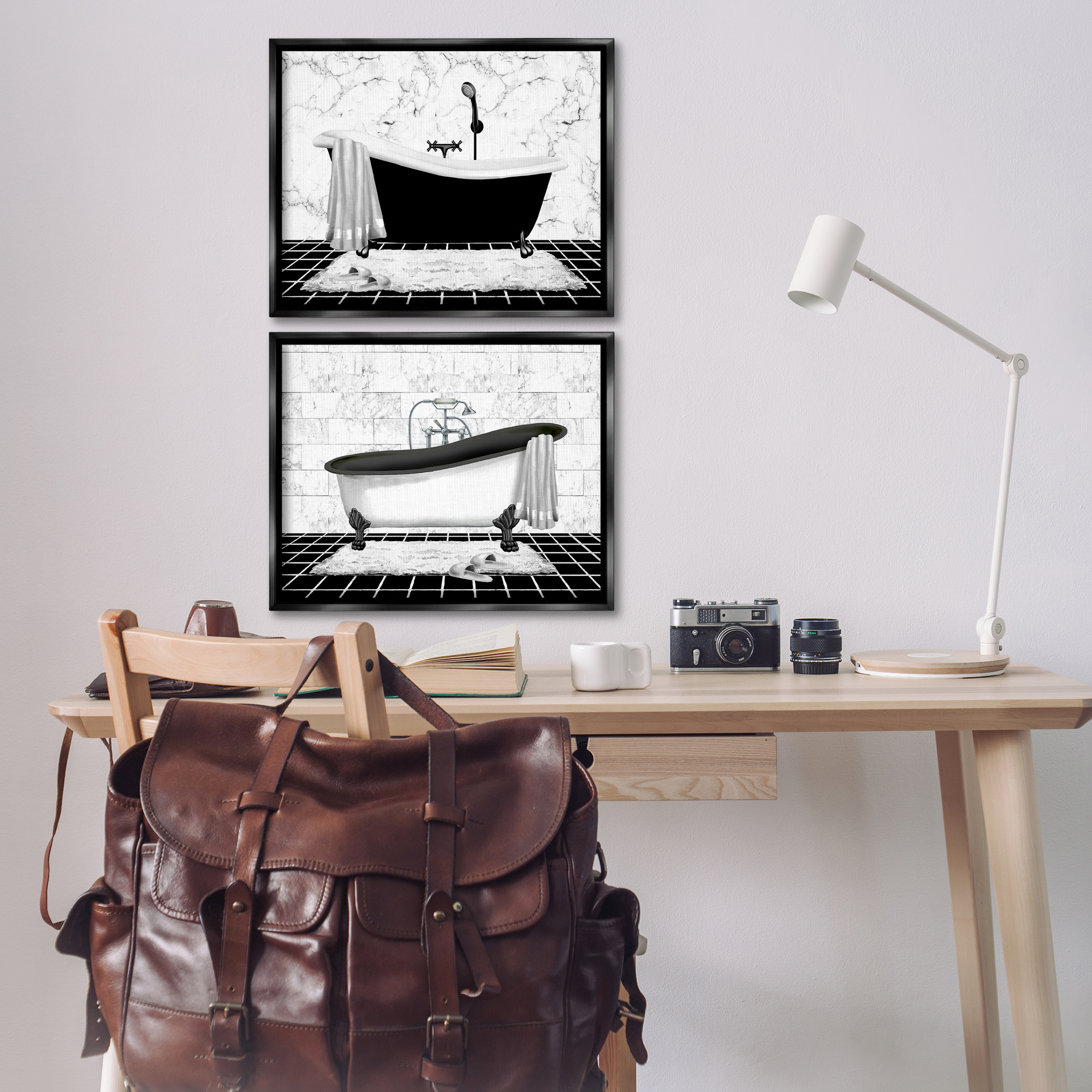 Stupell Industries Marble Clawfoot Soaking Tub Bath & Laundry Painting Black Floater Framed Canvas Art Print Wall Art, 21 x 17, Set of 2