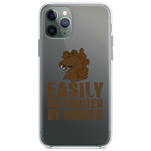 DistinctInk Clear Hybrid Case for Apple iPhone 13 Pro Max (6.7" Screen) - Easily Distracted By Horses - Slim Profile Design