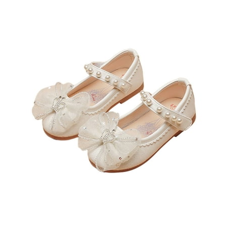 

UKAP Kids Mary Jane Ankle Strap Flats Bowknot Dress Shoes Non-slip Princess Shoe Girls Pearl Decor Casual Beige 11.5C