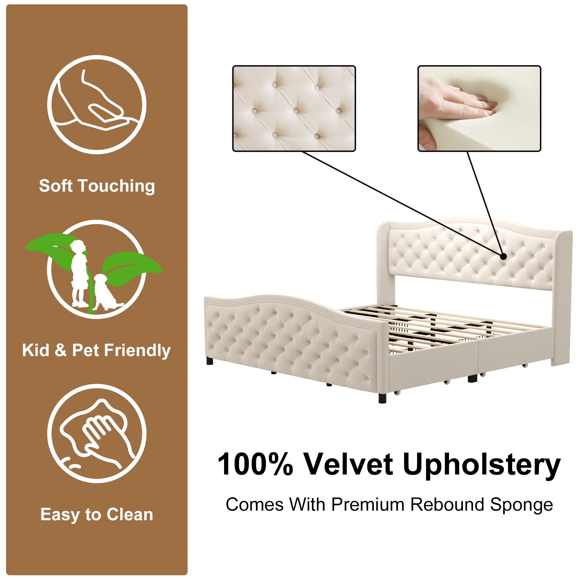 Bonzy Home King Size Bed Frame with Storage Velvet Upholstered Sleigh Bed with Headboard Button Tufted Easy Assembly Luxury