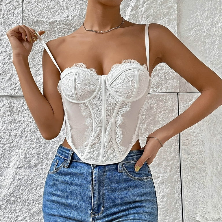 RQYYD Clearance Women's Sexy Lace Spaghetti Strap Corset Crop Top Y2K Mesh  Vintage Going Out Fish Boned Party Bustier Cami Tops(White,M)