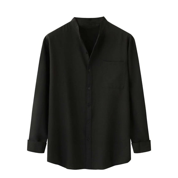Tops de Otoño Para Hombre, Camisa de Lino Y Algodón de Color Sólido de Manga Larga Con Cuello Levantado de Invierno A La Moda Odeerbi ODB181726