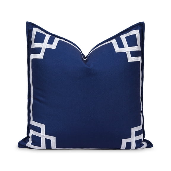 Hofdeco Premium Coastal Patio Indoor Outdoor Throw Pillow Cover Only, 20"x20" Water Repellent for Backyard, Couch, Navy Blue Embroidered Frame Greek Key