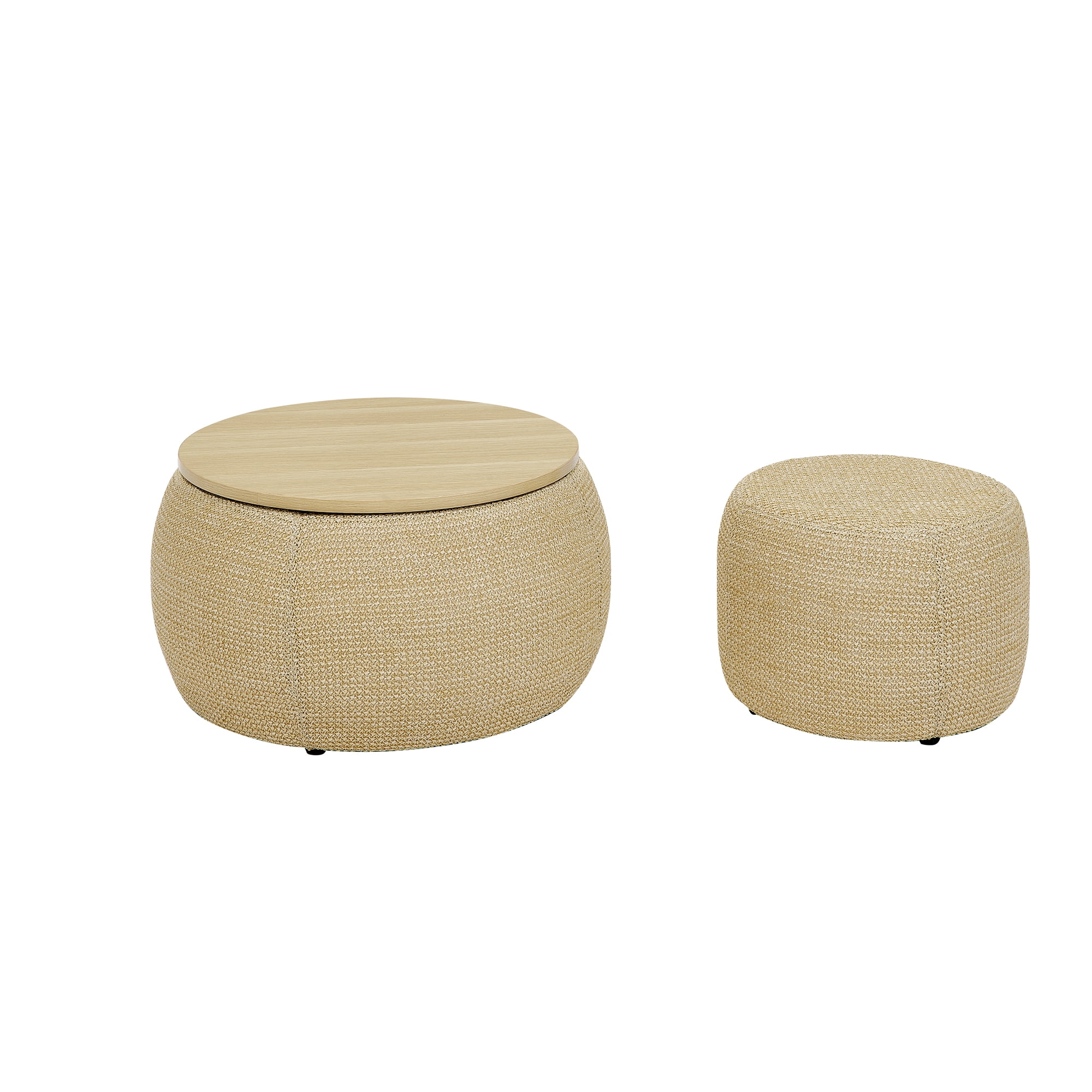 TKBRWU Storage Ottoman Woven Rattan Fabric Round 2 in 1 Function End Table Off-White 25.6 x 25.6 x 14.7 Inch