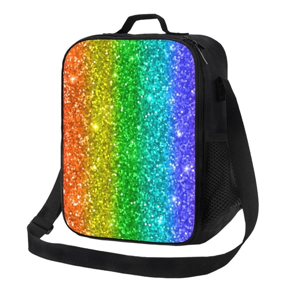 Kuqiui Glitter Rainbow Print Lunch Box for Women Men,Insulated Lunch Bag Women with Adjustable Shoulder Strap,Lunch Tote Bag for Work,Picnic,Camping