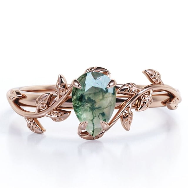 JeenMata Anillo de Compromiso de 4 Puntas con Diseño Botánico Ágata Verde Musgo Escénica de Corte en Forma de Pera de 1 Quilate; Baño de Oro Rosa de 18 K sobre Plata