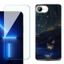 For For iPhone 16e Phone Case Cover, Shockproof Case with Tempered Glass Screen Protector, by OneToughShield - Fireflies Butterfly
