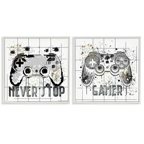 Stupell Industries Gamer Words with Modern Pixels 2 Piece White Framed Giclee Art Set, design by Kim Allen