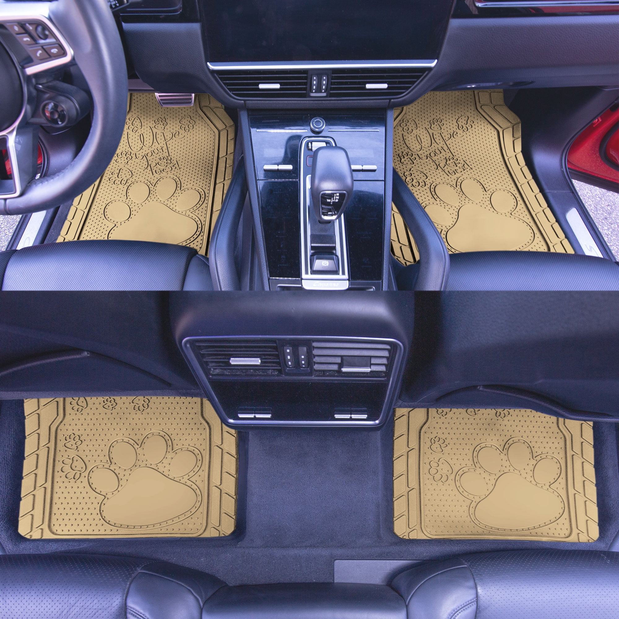 FH Group Universal Fit Adorable Paw Print, Heavy-Duty Rubber Floor Mats for Cars, SUV - Beige Full Set