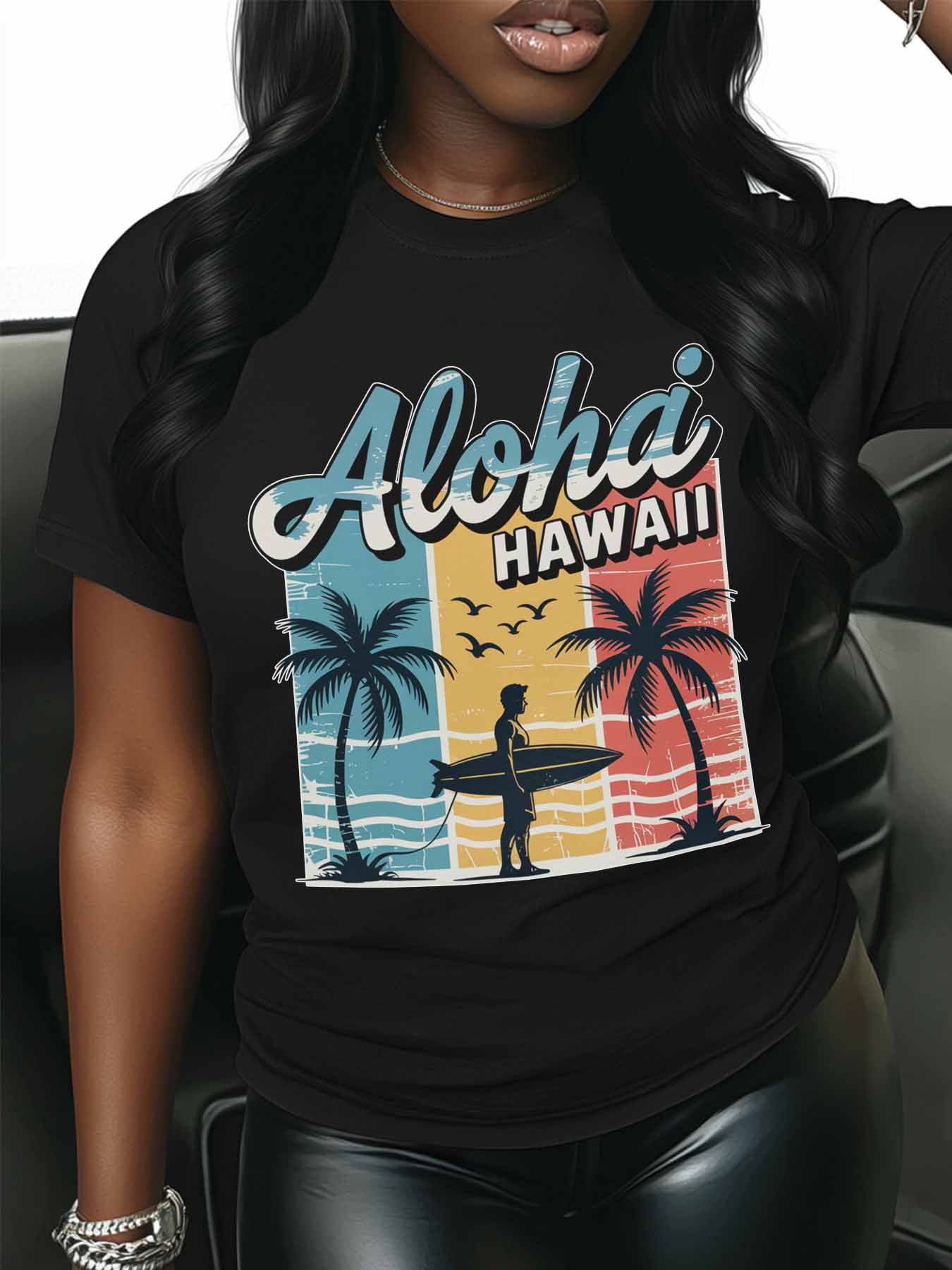 Women's T-Shirt Aloha Hawaii Retro Beach Surfing Vacation Short Sleeve Casual Tee Classic Crew Neck T Shirt for Women Black, M