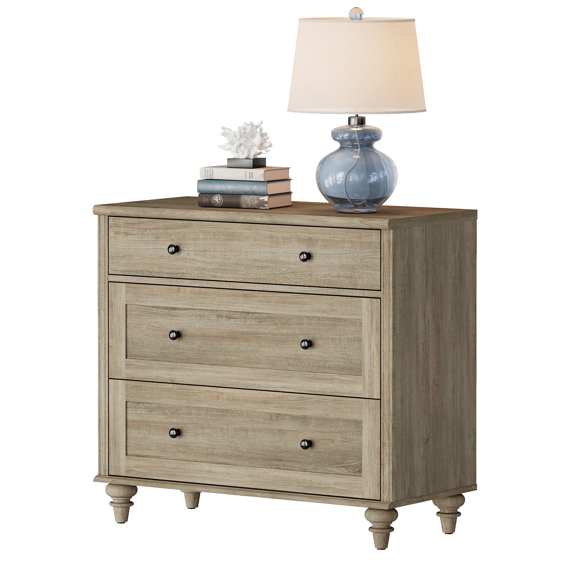 Farmhouse Nightstand with 3 Drawers, Mid Century Modern Wooden Closet Storage Organizer for Bedroom, Living Room, Wash Grey