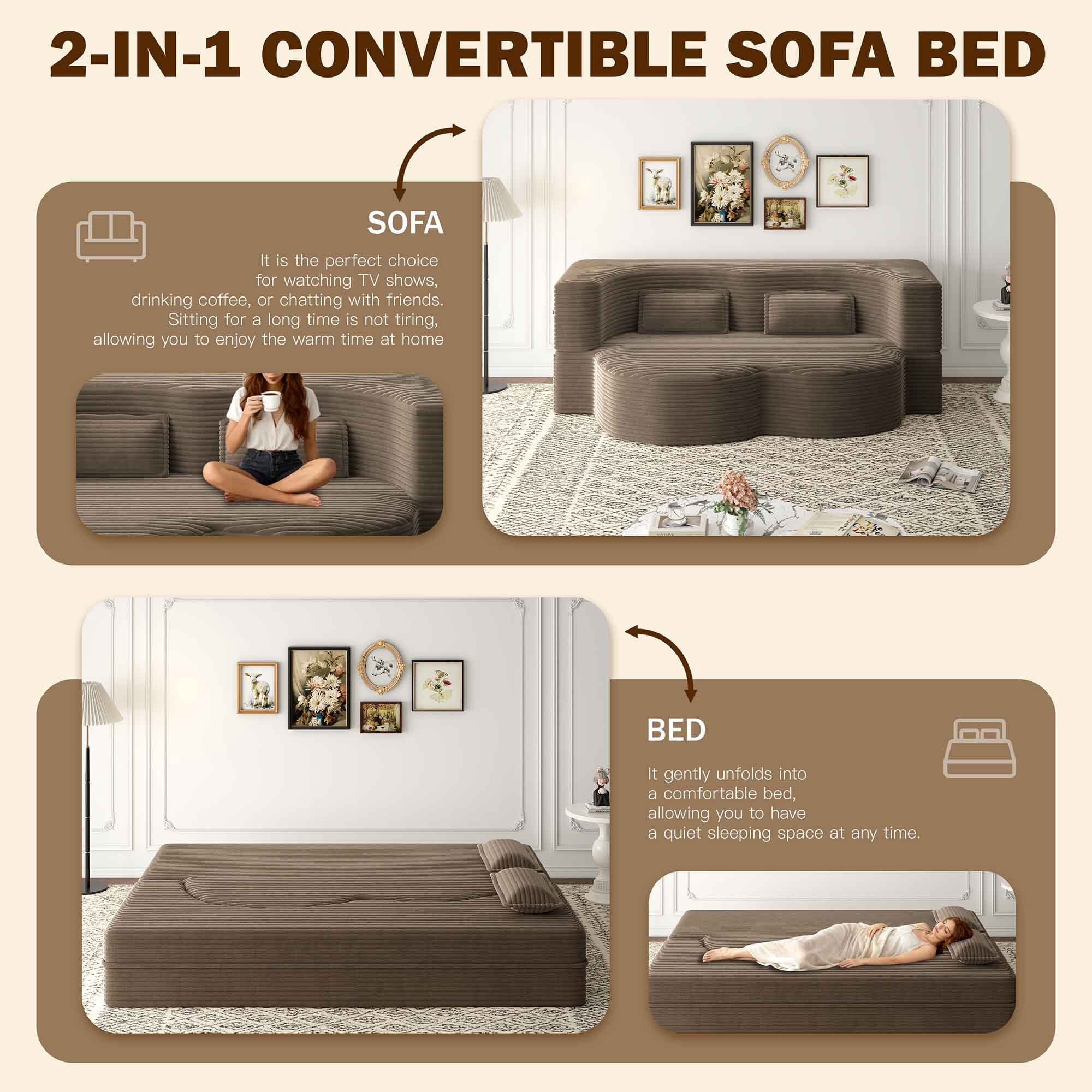 Lunale Full Size Convertible Sofa Bed, Boneless Cloud Couch, Folding Floor Sleeper Sofa for Living Room, Coffee Corduroy