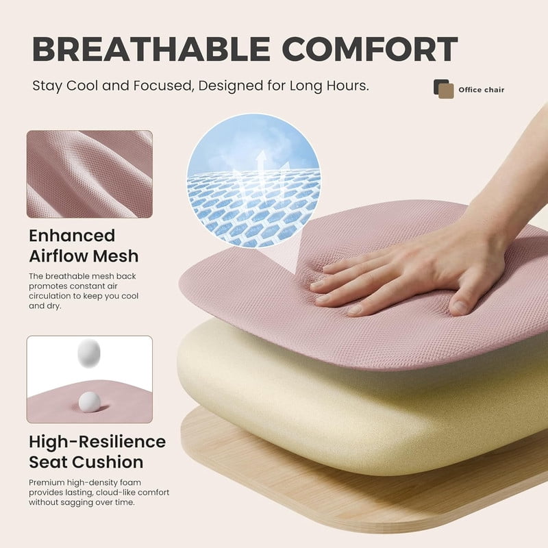 Simenmax Ergonomic Mid Back Office Chair, Pink Mesh Computer Desk Chair with Lumbar Support, Rocking Mode for Home Office