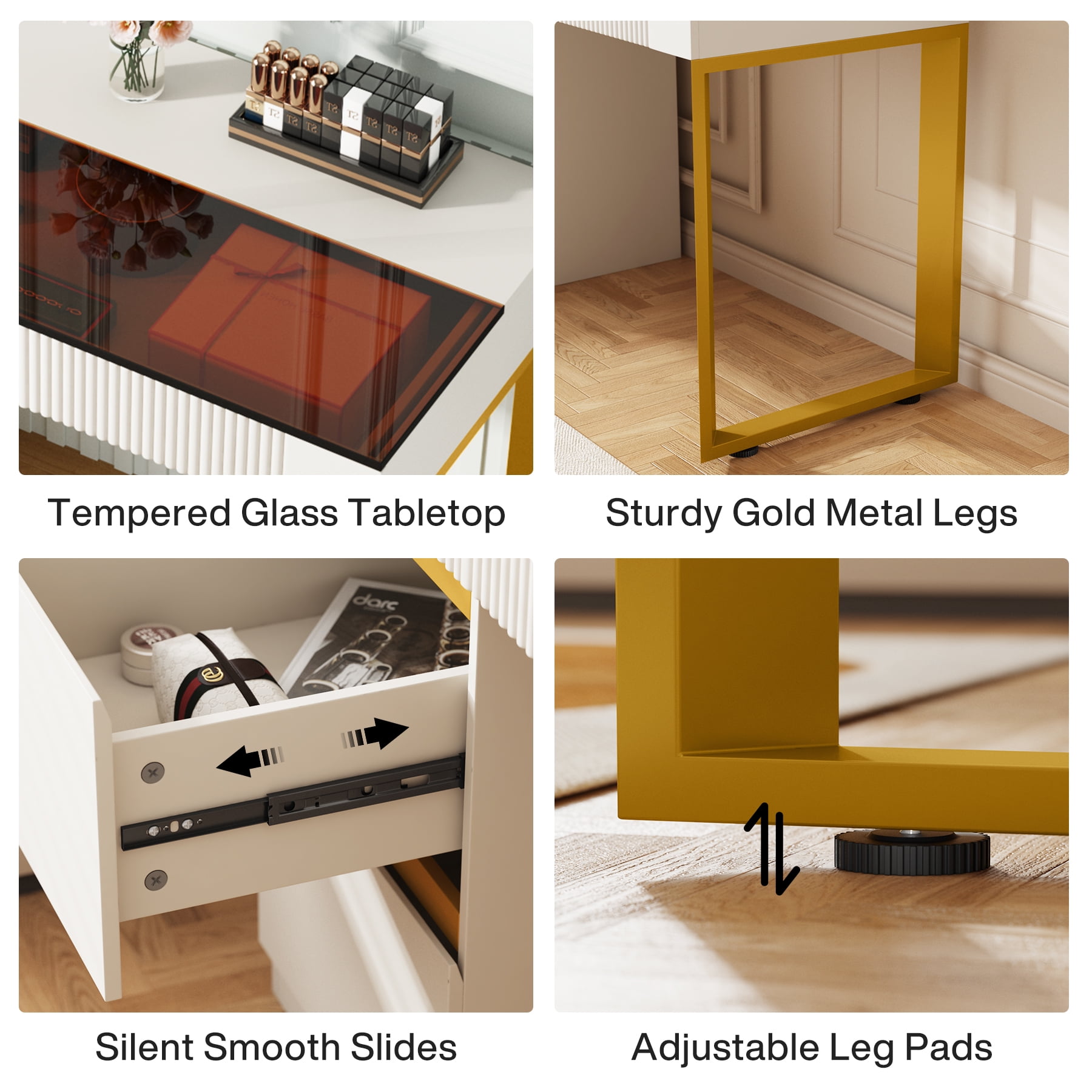 Tribesigns Modern Writing Desk Computer Desk with 4 Drawers, Makeup Vanity Desk with Visual Glass Top for Home Office