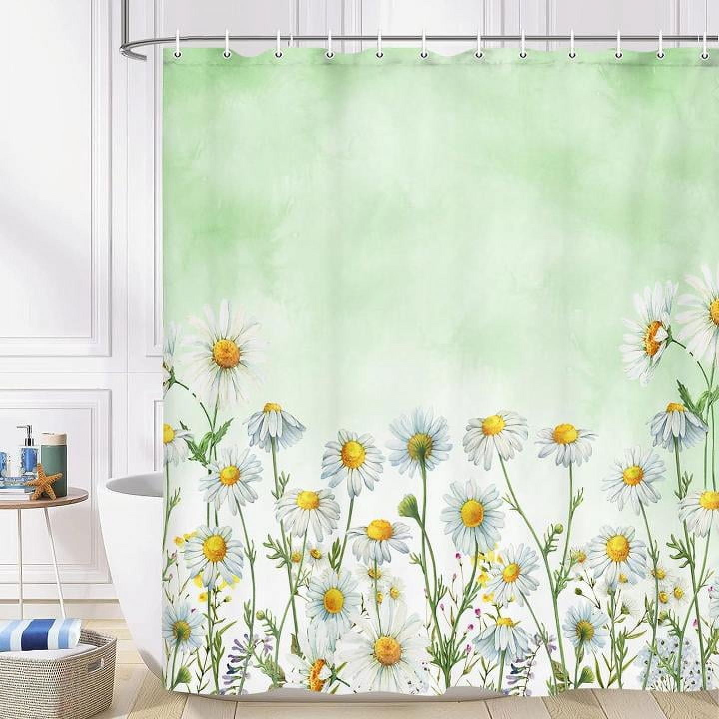 Daisy Shower Curtain, Floral Daisy Fabric Bathroom Curtains, Rustic Farmhouse Boho Shower Curtain Set, White Daisy Bathroom Shower Curtain with 12PCS Hooks, 70X70IN（Green）