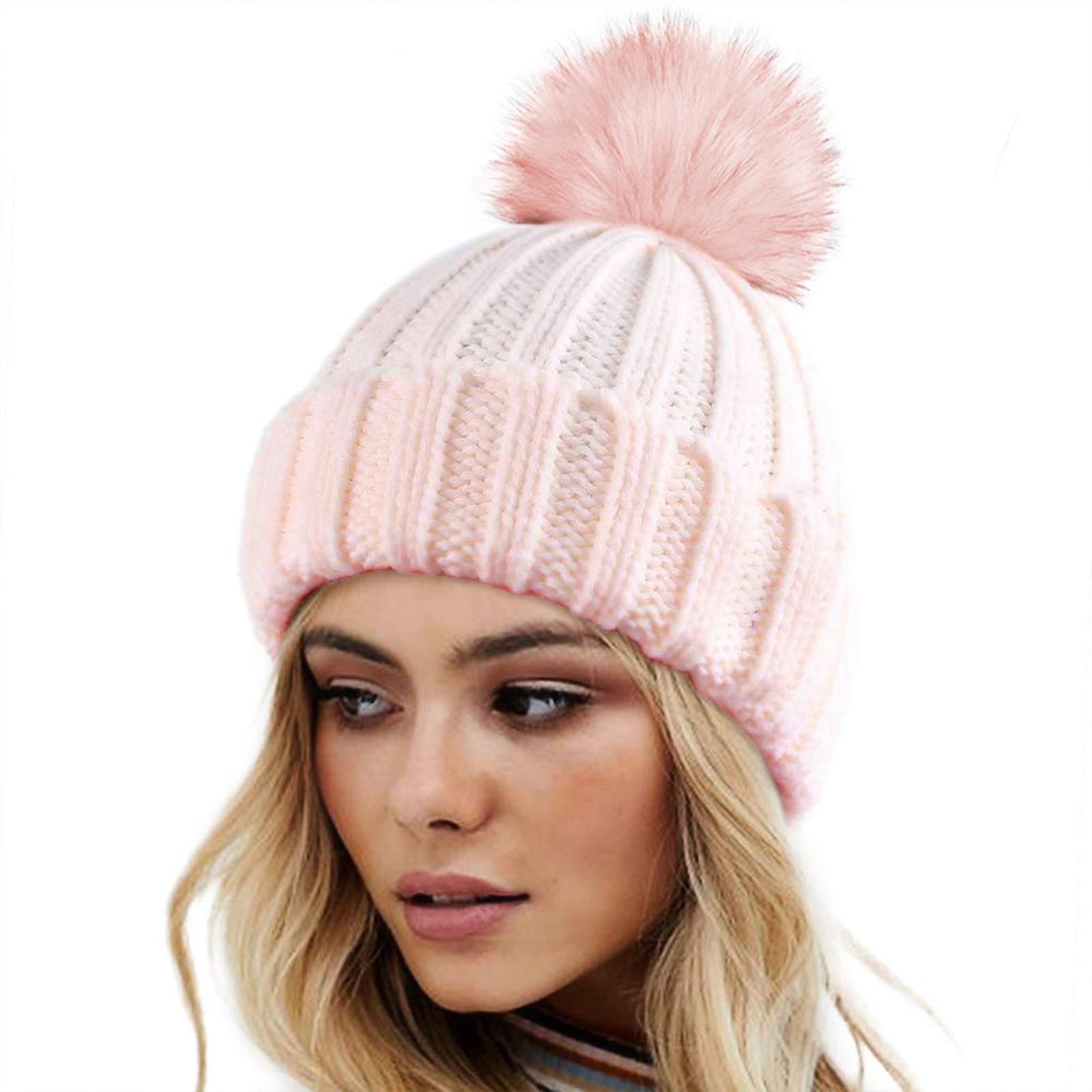 MOSHU Knitted Winter Beanie Hat for Women Warm Satin Lined Faux Fur Pom