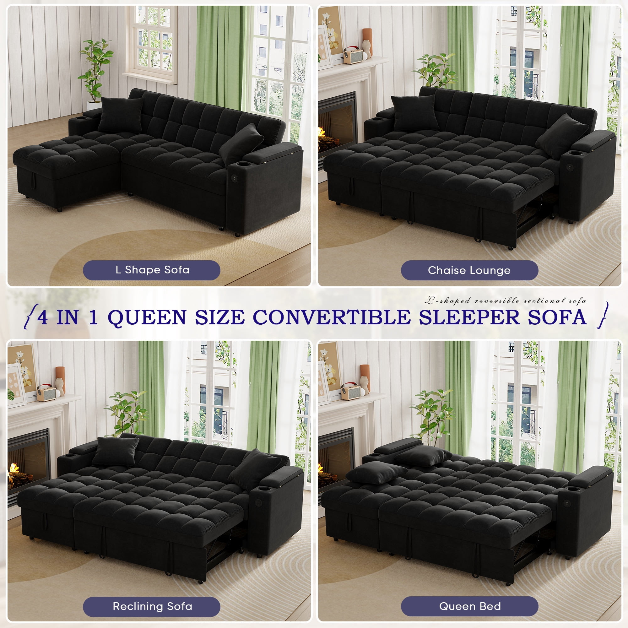 Muumblus Queen Size Convertible Sectional Sleeper Sofa with Storage & USB, Adjustable Backrest, Reversible L-Shaped Pull Out Couch Bed for Living Room, Guest Room, Black Velvet