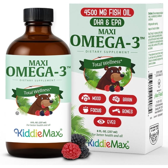 Maxi Health KiddieMax Omega-3 Fish Oil – DHA & EPA for Kids' Brain & Heart Health – Fruity Burst Flavor – 8 fl oz