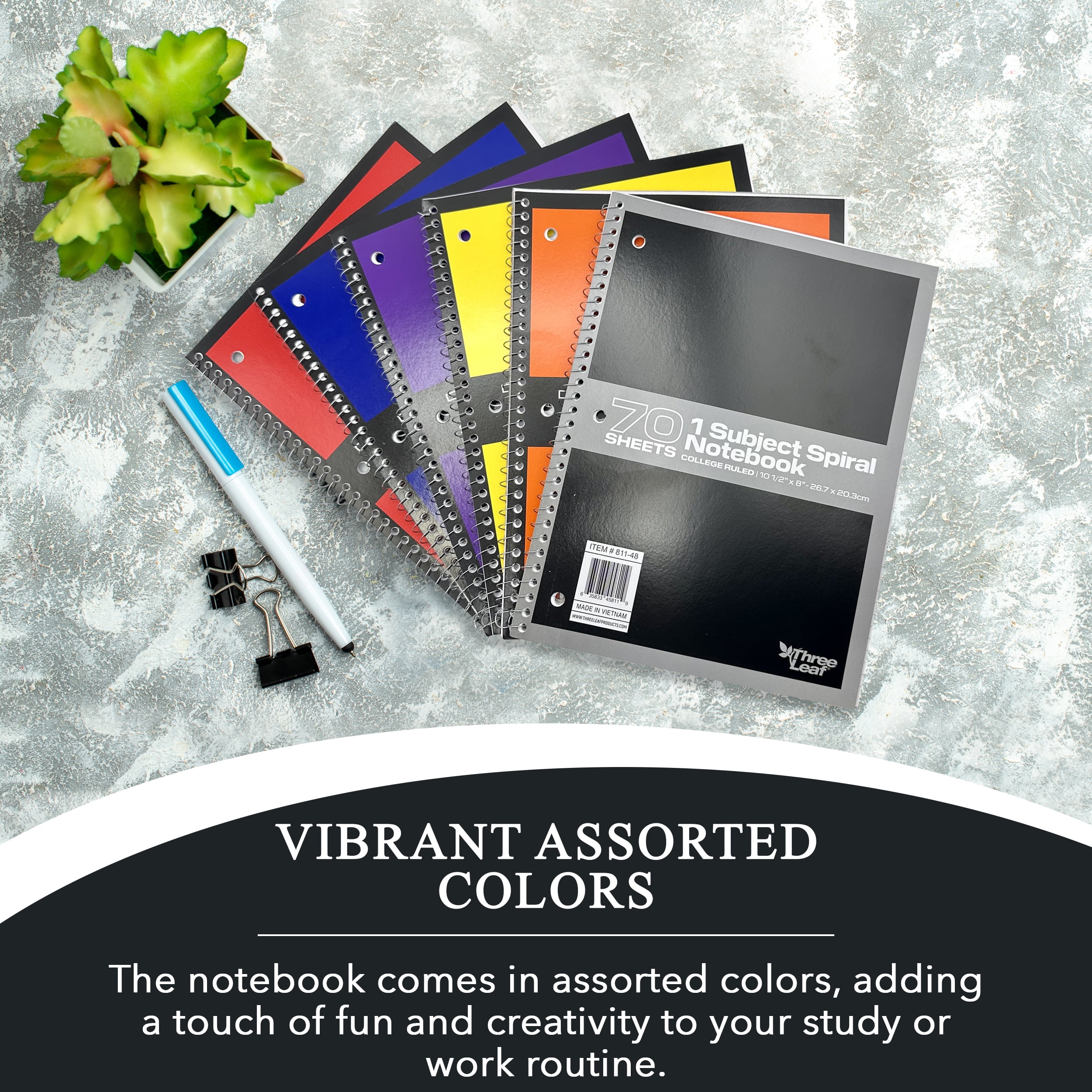 Three Leaf 70 Sheets College Ruled 8" X 10 1/2" Spiral Notebook, Pack Of 12, 1 Subject, Assorted Colors, Spiral Notebook For Student Office