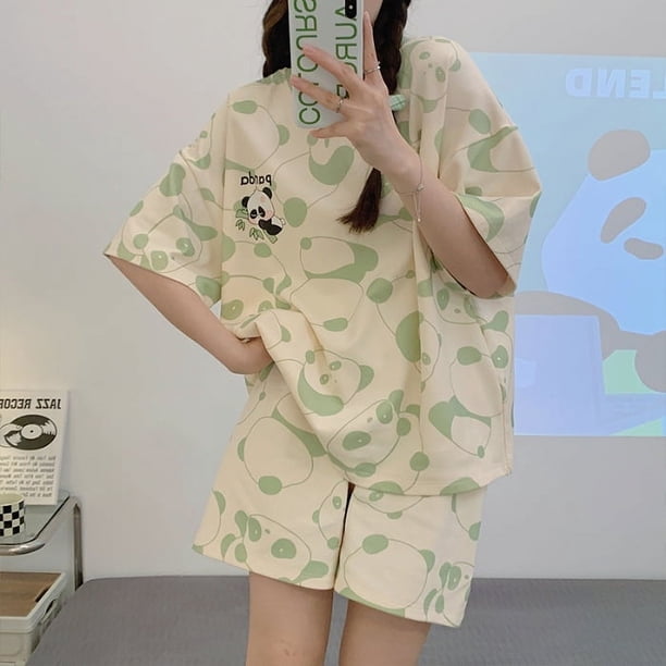 Conjunto de pijama de verano para mujer y pantalones cortos de manga corta con dibujos animados, ropa ligera para el hogar