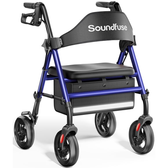Andador con ruedas Soundfuse con asiento para personas mayores, plegable, con ruedas grandes de 8", todoterreno, asas y asiento ergonómico de altura ajustable, 169 kg (350 lb), compatible con FSA y HS