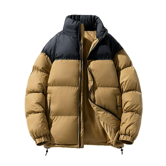 ZCFZJW Men's Puffer Jacket Thickened Winter Coat Warm Stand Collar Color Block Long Sleeve Full Zip Up Jacket Ski Bubble Coat with Pockets Brown M