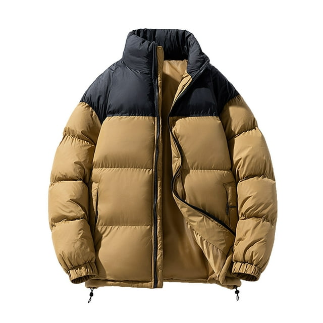Men’s Winter Down Jacket Thick Warm Stand Collar Solid Color Insulated Puffer Coat Zip Up Color Block Ski Bubble Jacket for Cold Weather