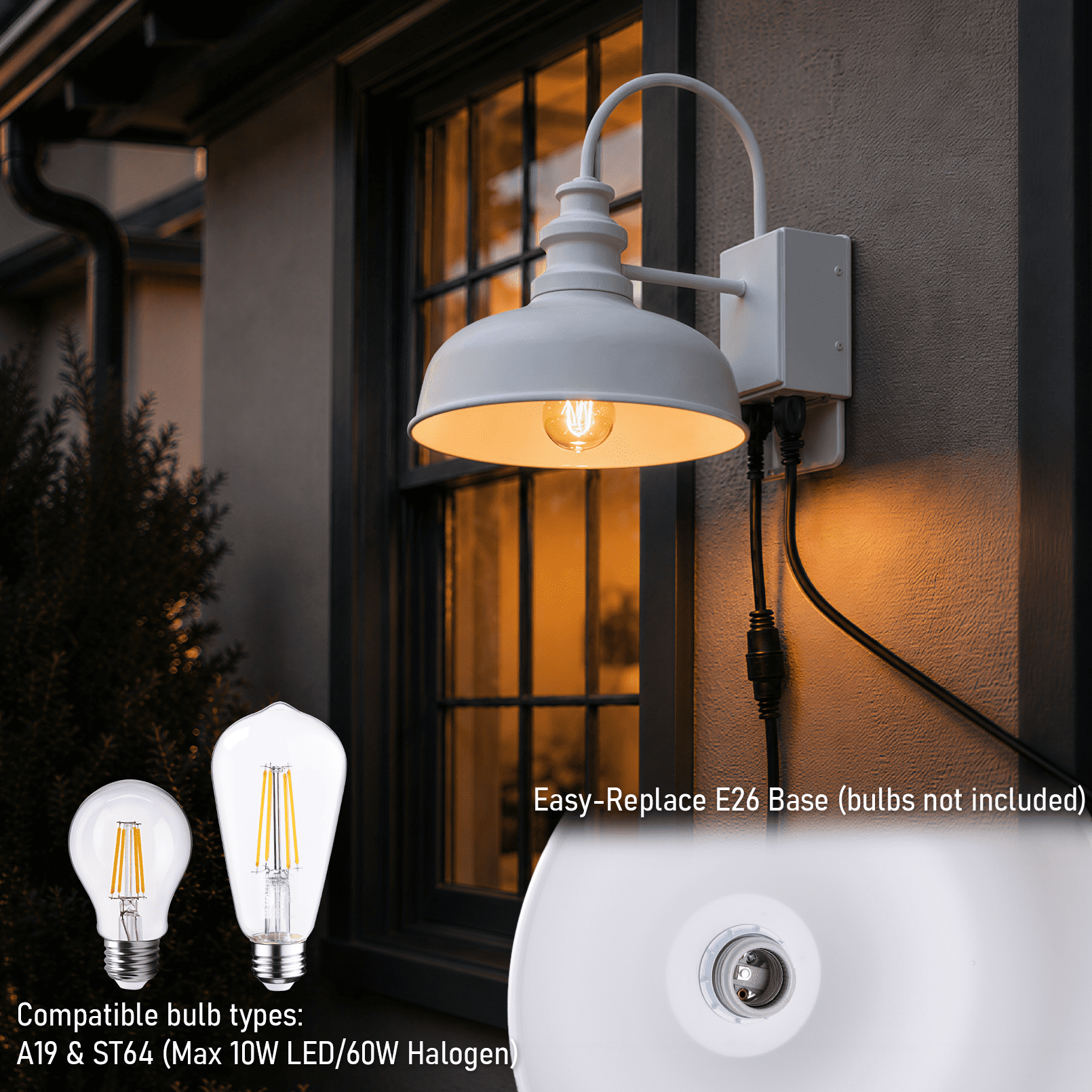 2 Pack Gooseneck Barn Light with GFCI Outlet, Outdoor E26 Base Dusk to Dawn Floodlight, Farmhouse Wall Lantern, White