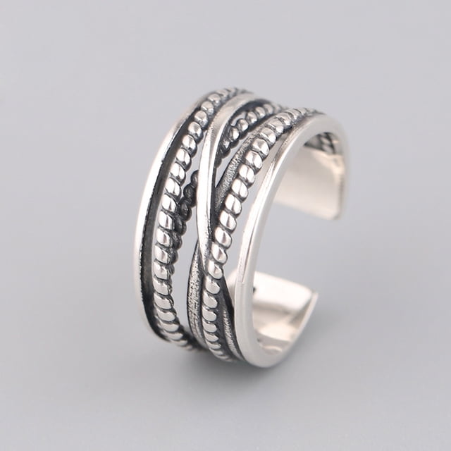 Anillo femenino ajustable con apertura de personalidad versátil con dedo índice enrollado multicapa retro de imitación de plata tailandesa con diseño de estilo coreano