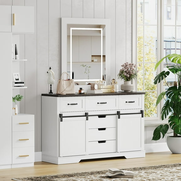TEQIN Farmhouse Dresser for Bedroom w/6 Drawers & Sliding Barn Doors, 47.2'' Wide Chest of Drawers, Rustic Dresser with Mirror,Makeup Vanity with Light Mirror