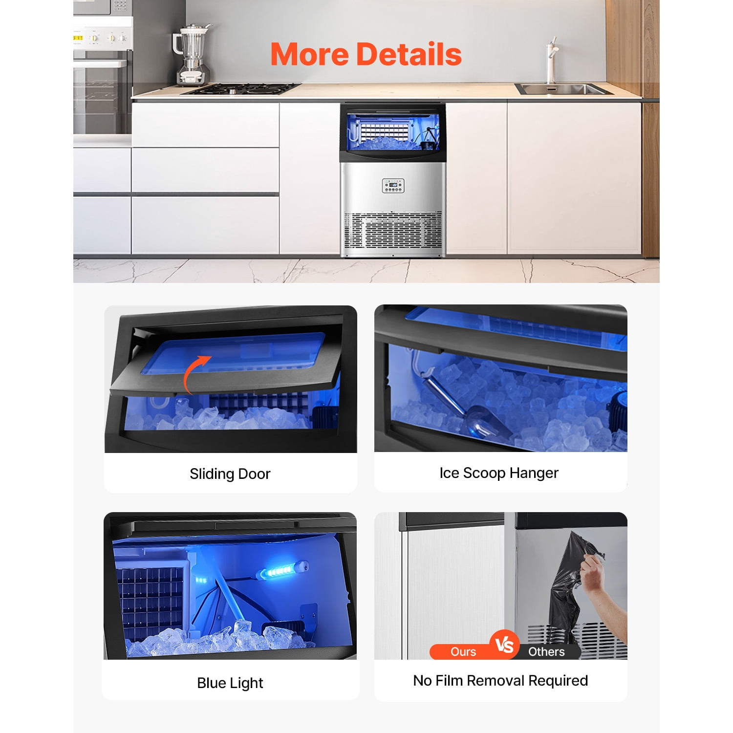 KFFKFF 90-100lbs/24H Commercial Ice Maker Machine Stainless Steel with 33lbs Storage Bins 50 Cubes Under Counter ice Machine 19 in W, 34 in H with Auto Clean