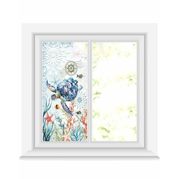 Window Privacy Film Sea Turtle Coastal Stained Glass Window Film Decorative Sun Block Window Cover Summer Beach Coral Ocean Nautical Window Clings Static Adhesive Sticker for Bathroom 19.6"x39.3"
