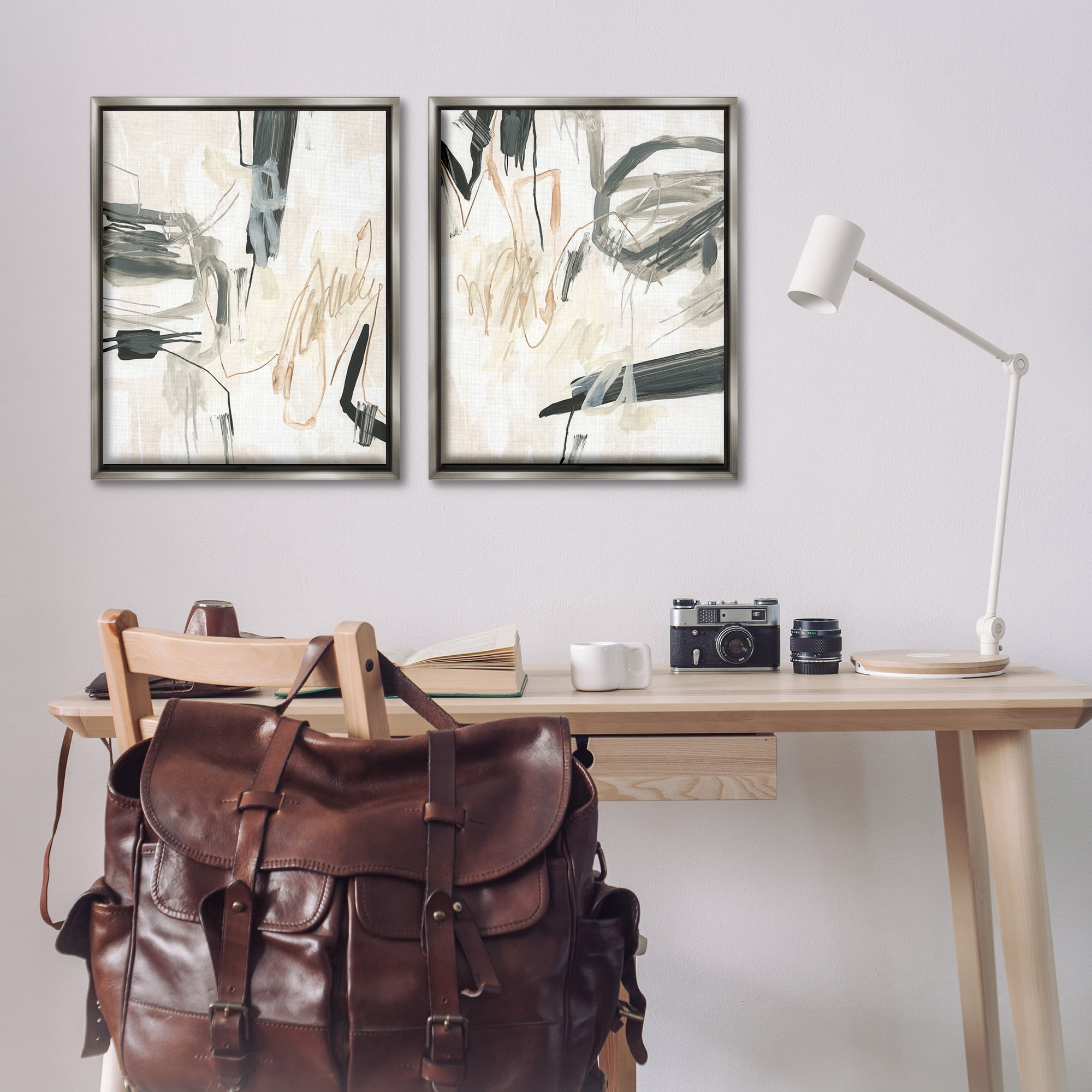 Stupell Industries Abstract Squiggly Beige Lines Abstract Painting Gray Floater Framed Canvas Art Print Wall Art, 31 x 25, Set of 2