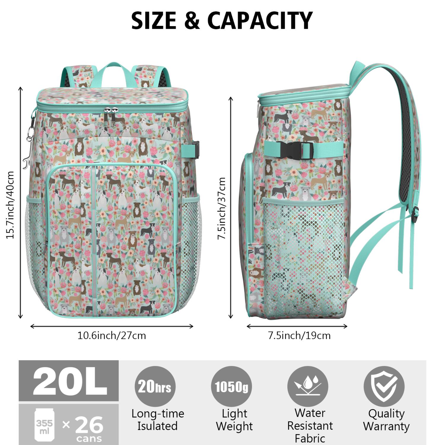 Travel Cooler Bag - Cute Pitbull Terriers Dog and Flower Camping Beer Cooler Backpack with Bottle Opener- Waterproof Insulated Picnic Backpacks - Cooler Bag for Beach