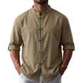 thumbnail image 3 of UVEASISHA Linen Shirts for Men Roll Up Long Sleeve Beach Shirt Stand Collar Casual Chinese Frog Button Shirts Solid Color Vacation Wear Army Green L, 3 of 8