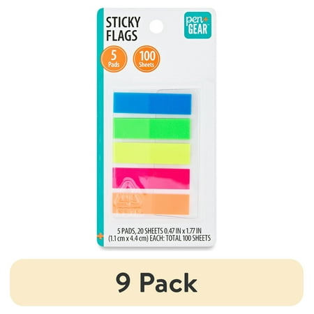 (9 pack) Pen+Gear Sticky Flags, Assorted Colors, 45 mm x 12 mm, 20 Sheets per Pad, Total 100 Counts per Pack.