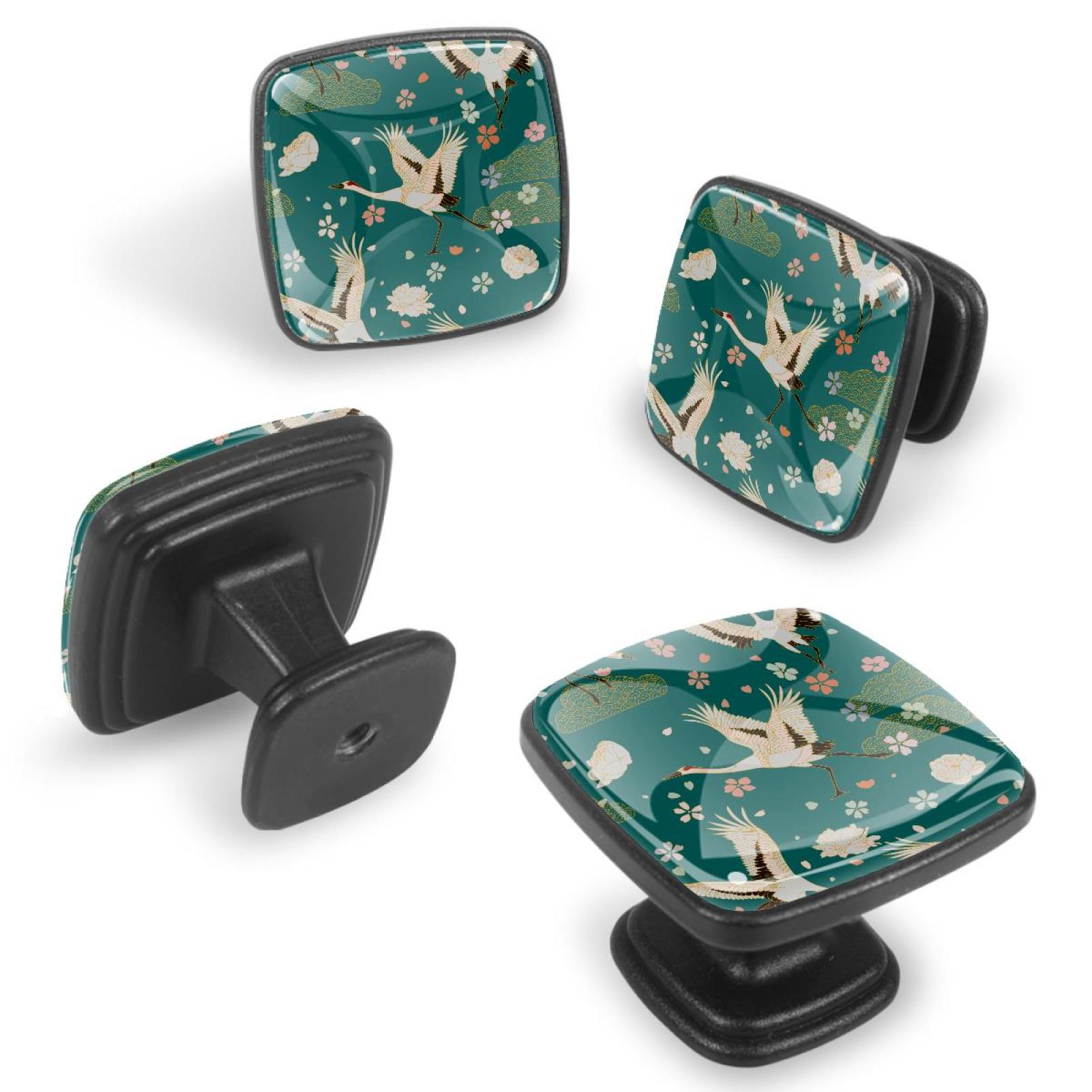 4 Pcs Cabinet Handle Drawer Pulls Red-Crowned Crane Knobs with Screws Square Furniture Office Cabinet Knob Decoration