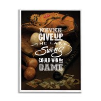 Stupell Home Décor Never Give Up Phrase Baseball Cards Glove Bat, 24 x 30, Designed by Art Licensing Studio, White Frame