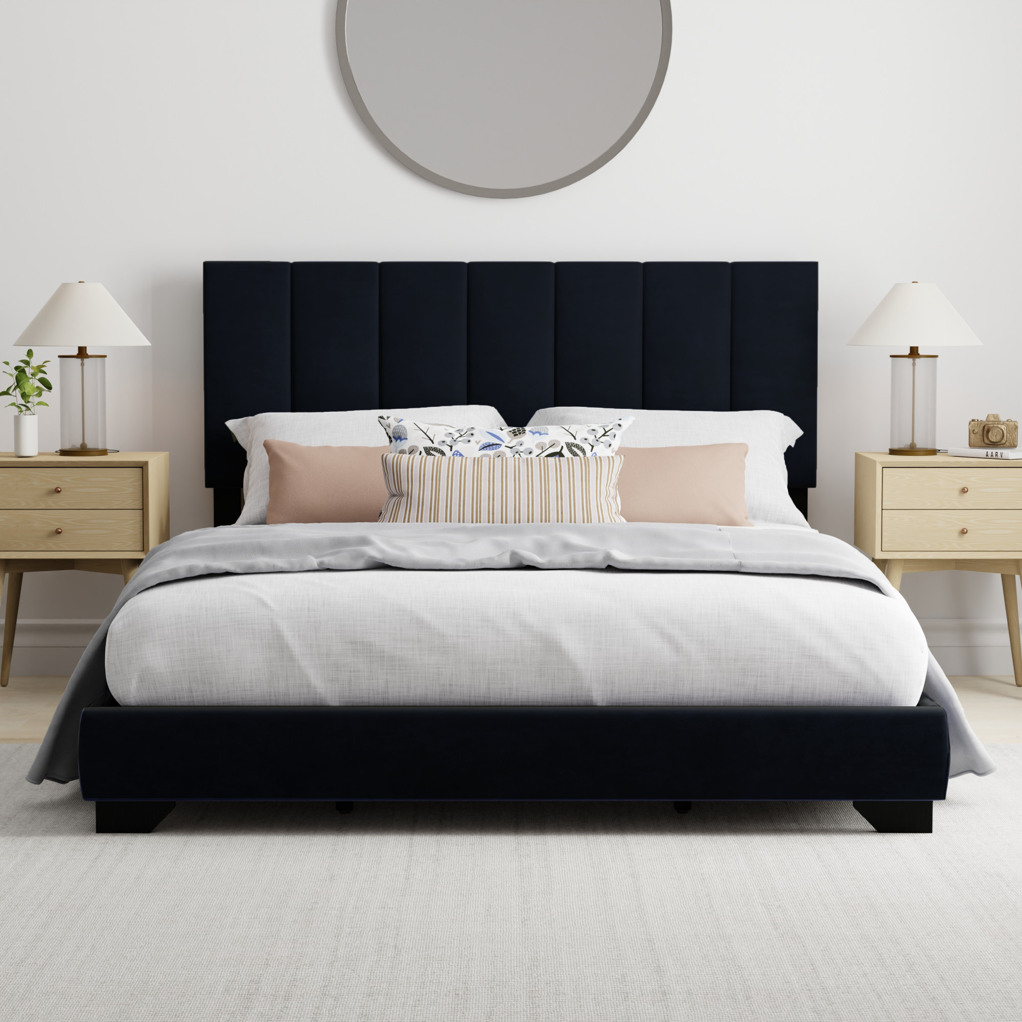 Reece Channel Stitched Upholstered Queen Bed, Black, by Hillsdale Living Essentials