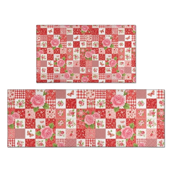 Pioneer Flower Floral Print Pattern Kitchen Rugs Sets Of 2, Anti Fatigue Non Slip Washable Floor Mats for Kitchen Sink Laundry, 17X30 Inch 17X47 Inch