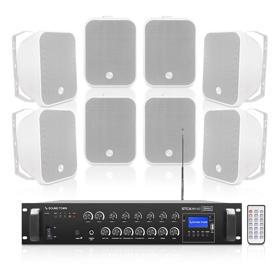 Sound Town Commercial Restaurant Bluetooth Amplifier   Surface-Mount Speaker Set, with One 6-Zone 70V/100V Amplifier with Bluetooth, 8 x 5.25-Inch Surface-Mount Speakers, White (STCA360X8MS5W)