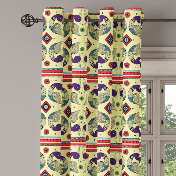 Ambesonne Tribal Grommet Curtain Single Panel, Peacock Pattern, 50"x60", Cream and Purple